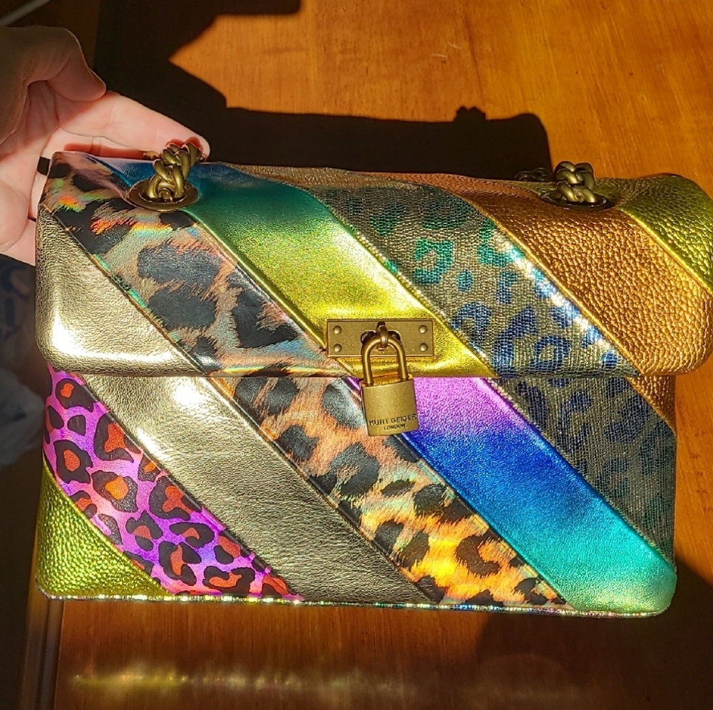 Kurt Geiger Brixton Lock Gold Rainbow Multi-Color Metallic Leather Bag Purse - Picture 12 of 16